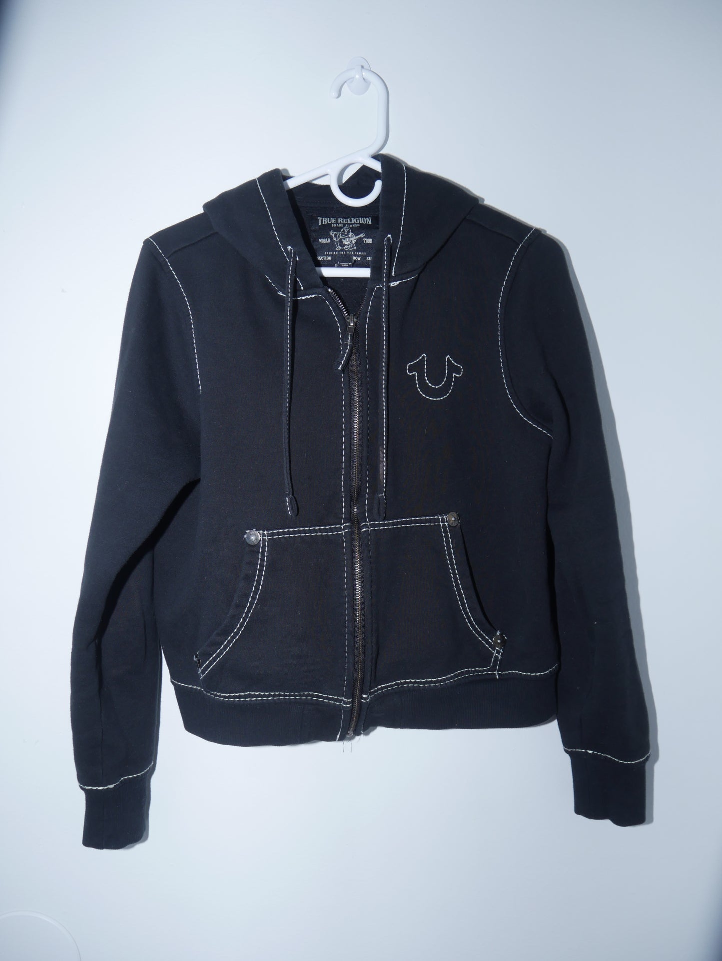 Women's True Religion Big T Stitch Logo Black Cotton Blend Hoodie